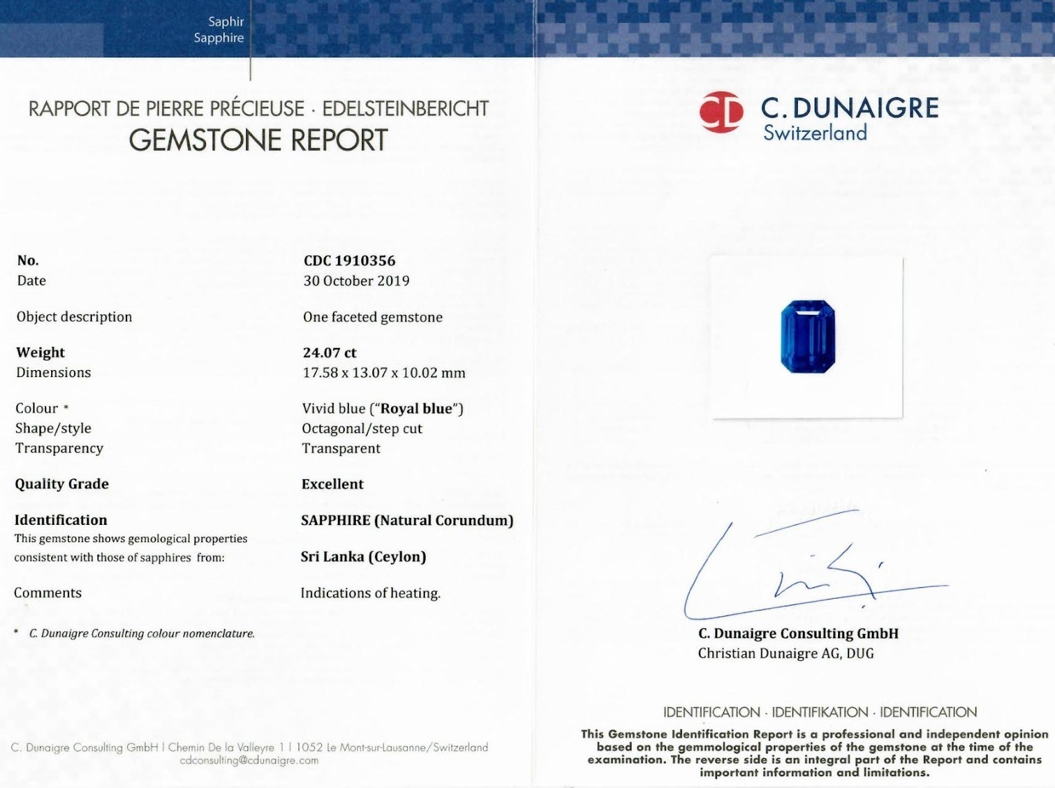 24.07 Ct. Blue Sapphire and Natural Diamond Three Stone Ring, Platinum 950