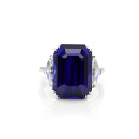 24.07 Ct. Blue Sapphire and Natural Diamond Three Stone Ring, Platinum 950 Video