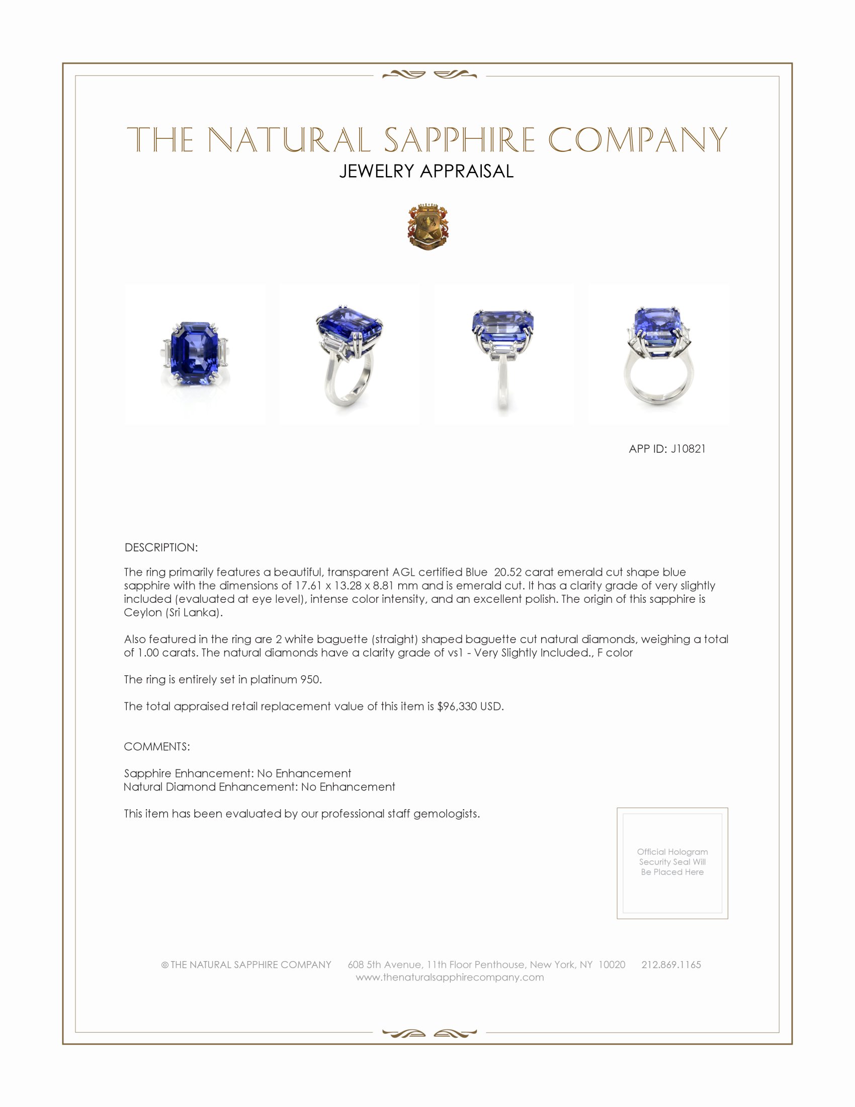 20.52 Ct. Blue Sapphire and Natural Diamond Three Stone Ring, Platinum 950