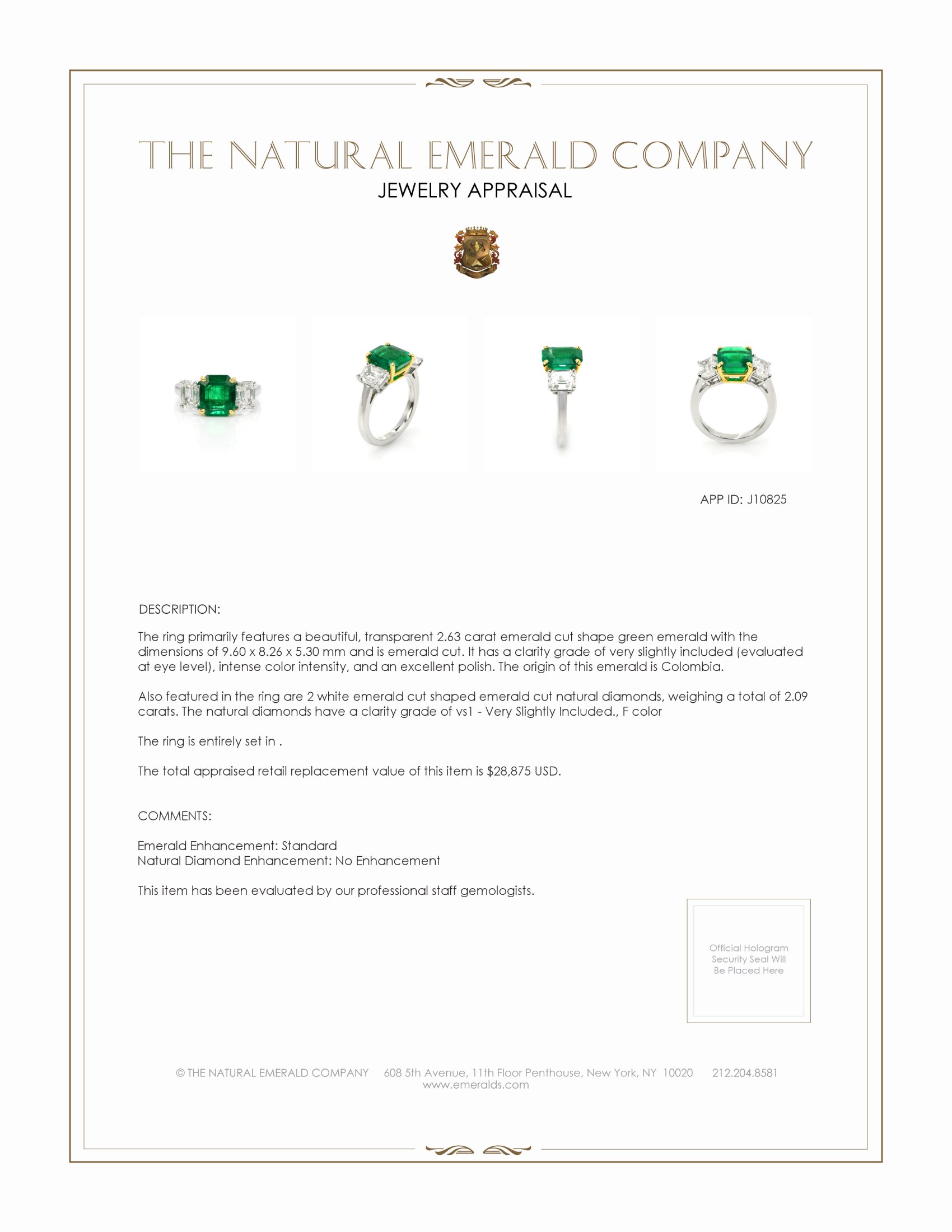 2.63 Ct. Emerald and Natural Diamond Three Stone Ring, Platinum & 14K Yellow