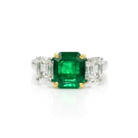 2.63 Ct. Emerald and Natural Diamond Three Stone Ring, Platinum & 14K Yellow Video