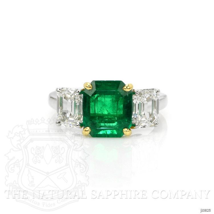 2.63 Ct. Emerald and Natural Diamond Three Stone Ring, Platinum & 14K Yellow