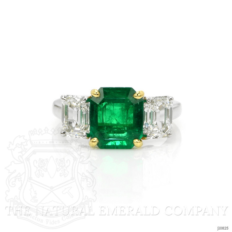 2.63 Ct. Emerald and Natural Diamond Three Stone Ring, Platinum & 14K Yellow