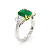 2.63 Ct. Emerald and Natural Diamond Three Stone Ring, Platinum & 14K Yellow Image