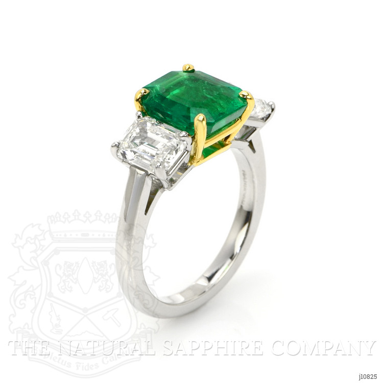 2.63 Ct. Emerald and Natural Diamond Three Stone Ring, Platinum & 14K Yellow