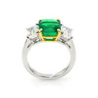 2.63 Ct. Emerald and Natural Diamond Three Stone Ring, Platinum & 14K Yellow Image