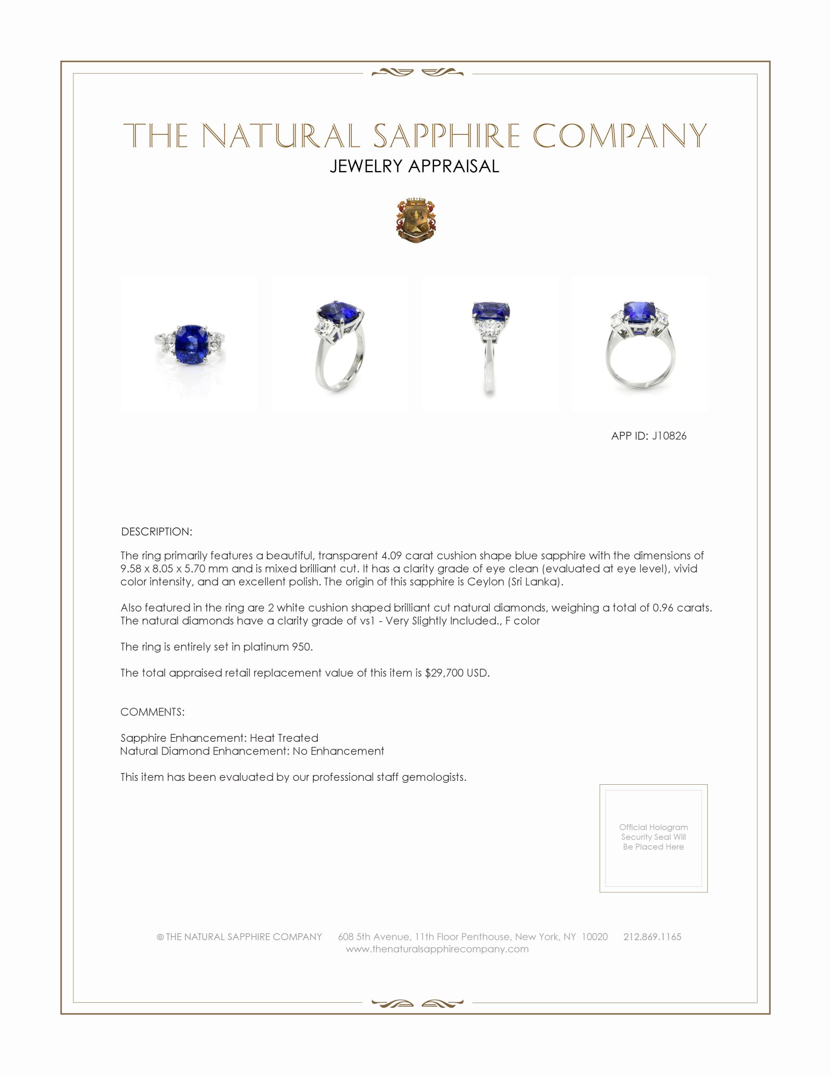 4.09 Ct. Blue Sapphire and Natural Diamond Three Stone Ring, Platinum 950
