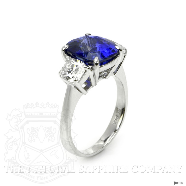 4.09 Ct. Blue Sapphire and Natural Diamond Three Stone Ring, Platinum 950