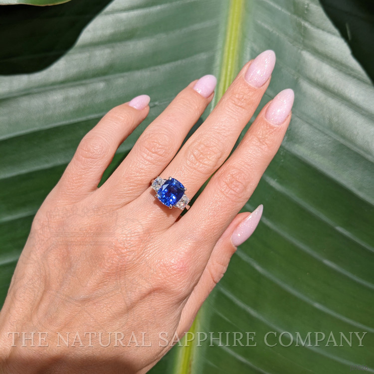 4.09 Ct. Blue Sapphire and Natural Diamond Three Stone Ring, Platinum 950