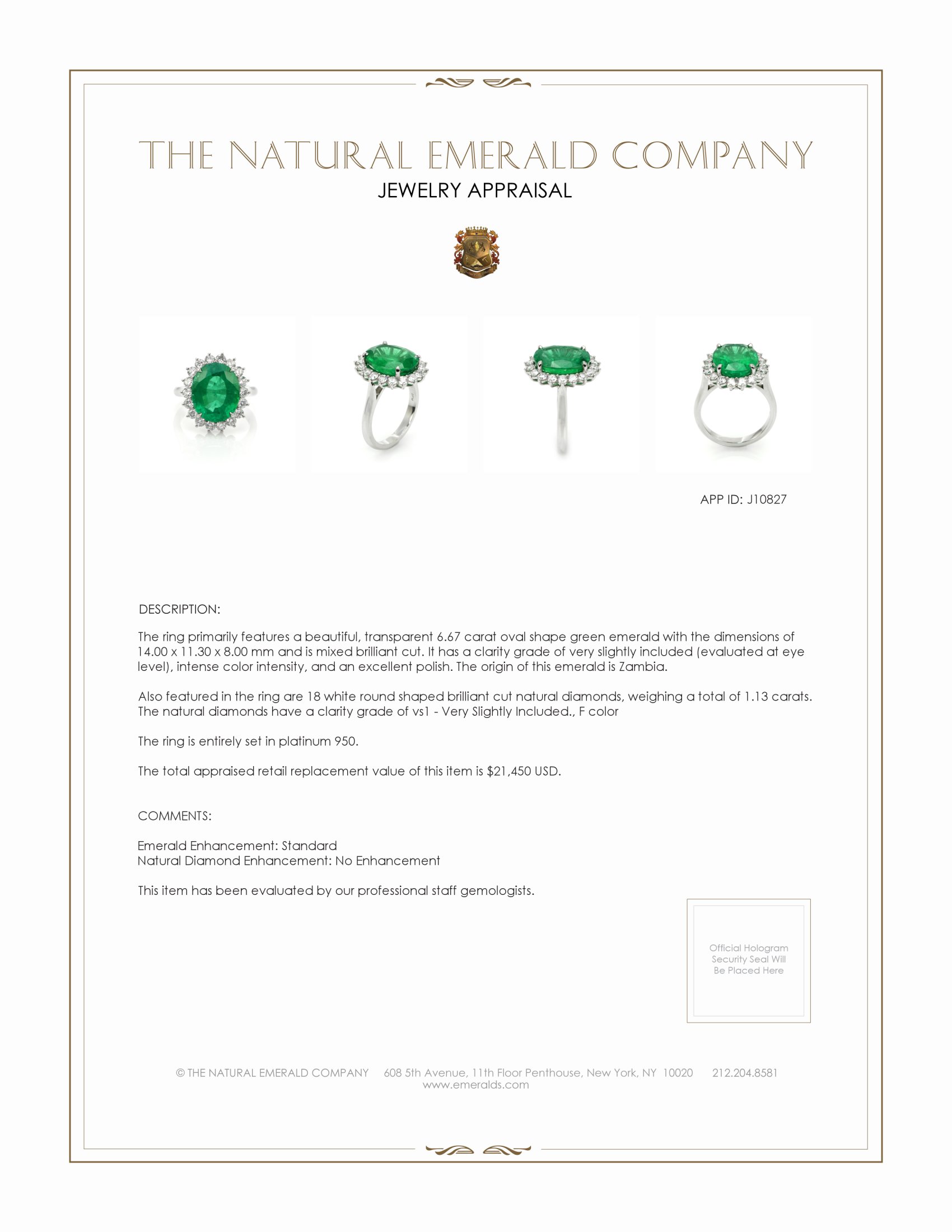 6.67 Ct. Emerald and Natural Diamond Pave Ring, Platinum 950