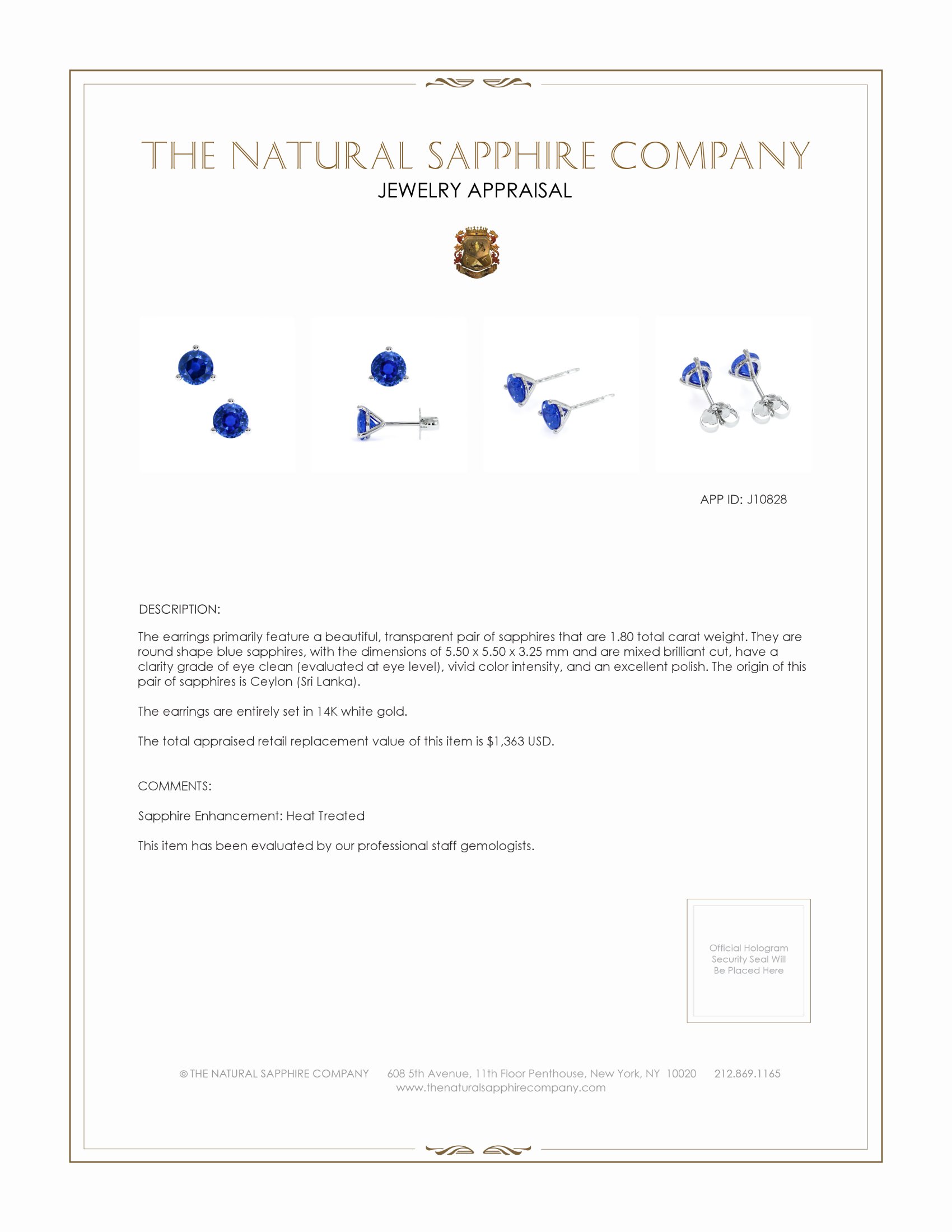 1.75 Ct.Tw. Blue Sapphire Studs Earrings, 14K White Gold