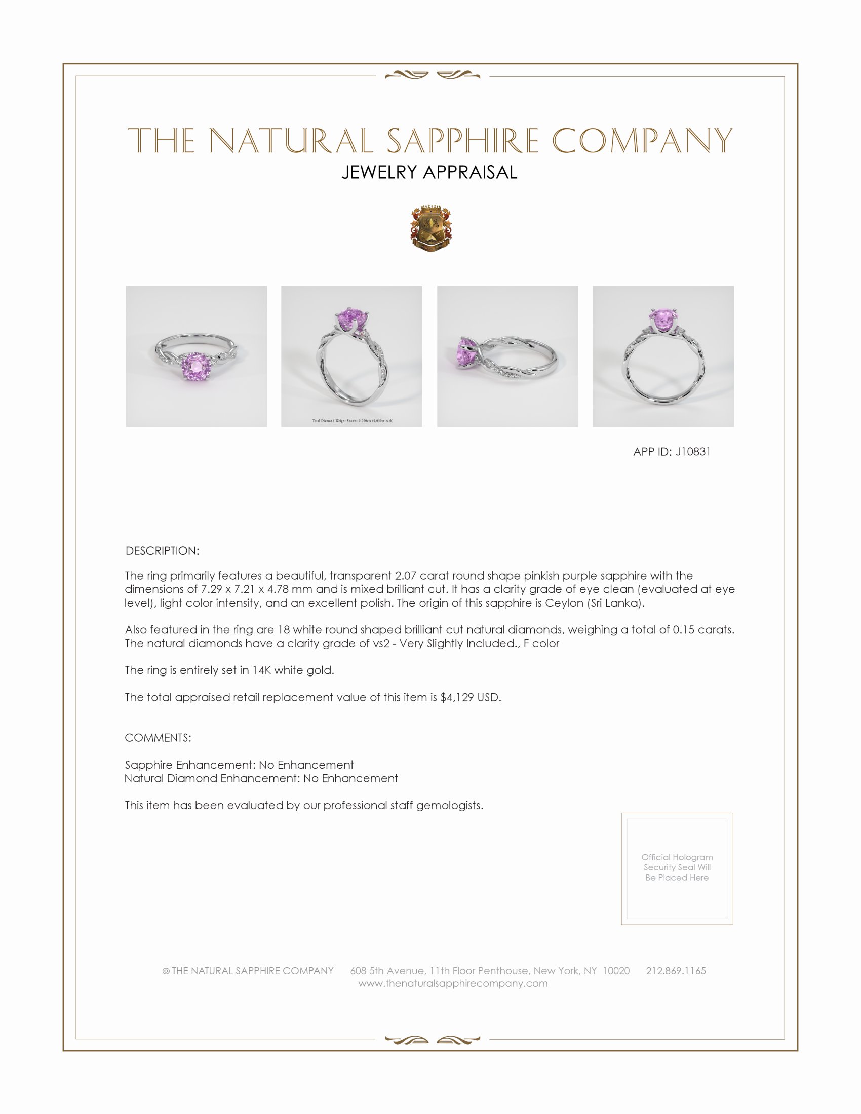 2.07 Ct. Pinkish Purple Sapphire and Natural Diamond Pave Ring, 14K White Gold