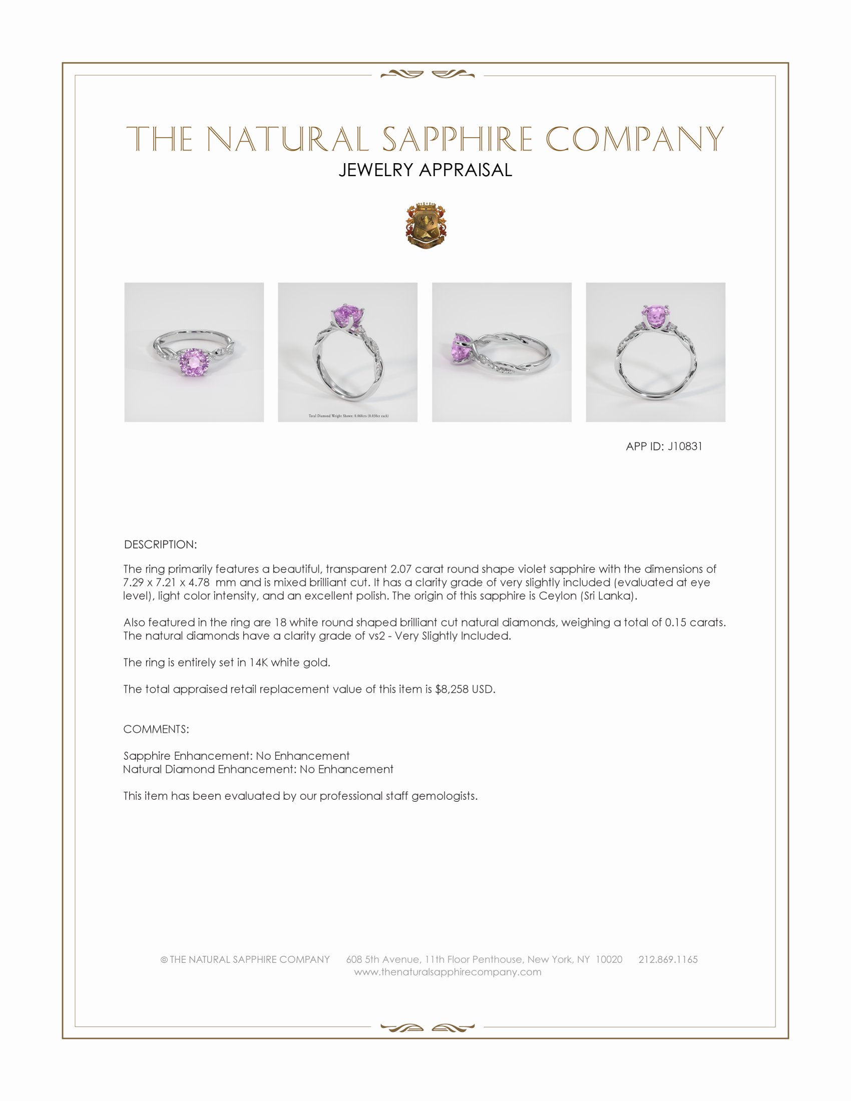 2.07 Ct. Violet Sapphire and Natural Diamond Pave Ring, 14K White Gold