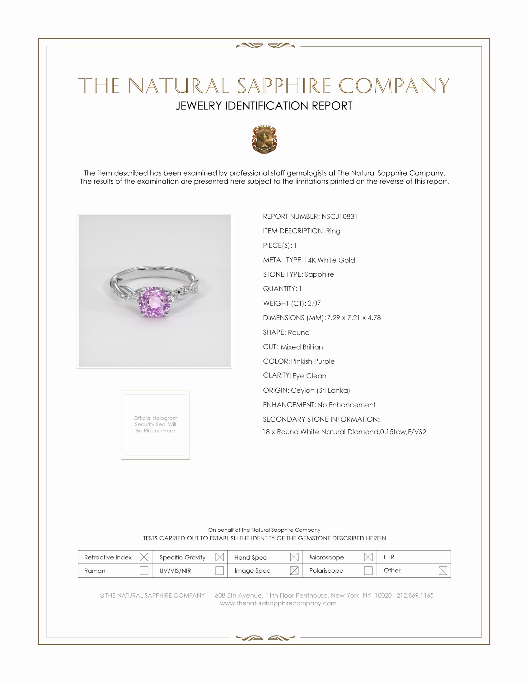 2.07 Ct. Pinkish Purple Sapphire and Natural Diamond Pave Ring, 14K White Gold