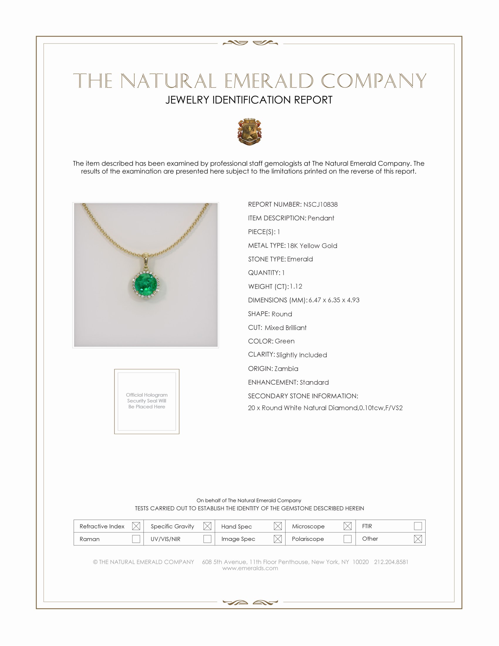 1.12 Ct. Emerald Natural Diamond Pave Pendant, 18K Yellow Gold