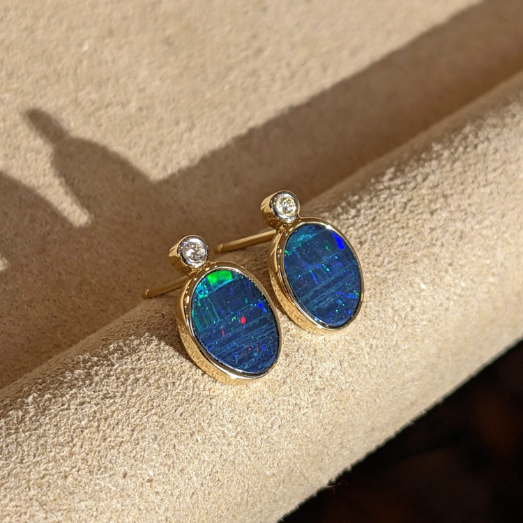 1.34 Ct.Tw. Opal Natural Diamond Studs Earrings, 14K Yellow Gold