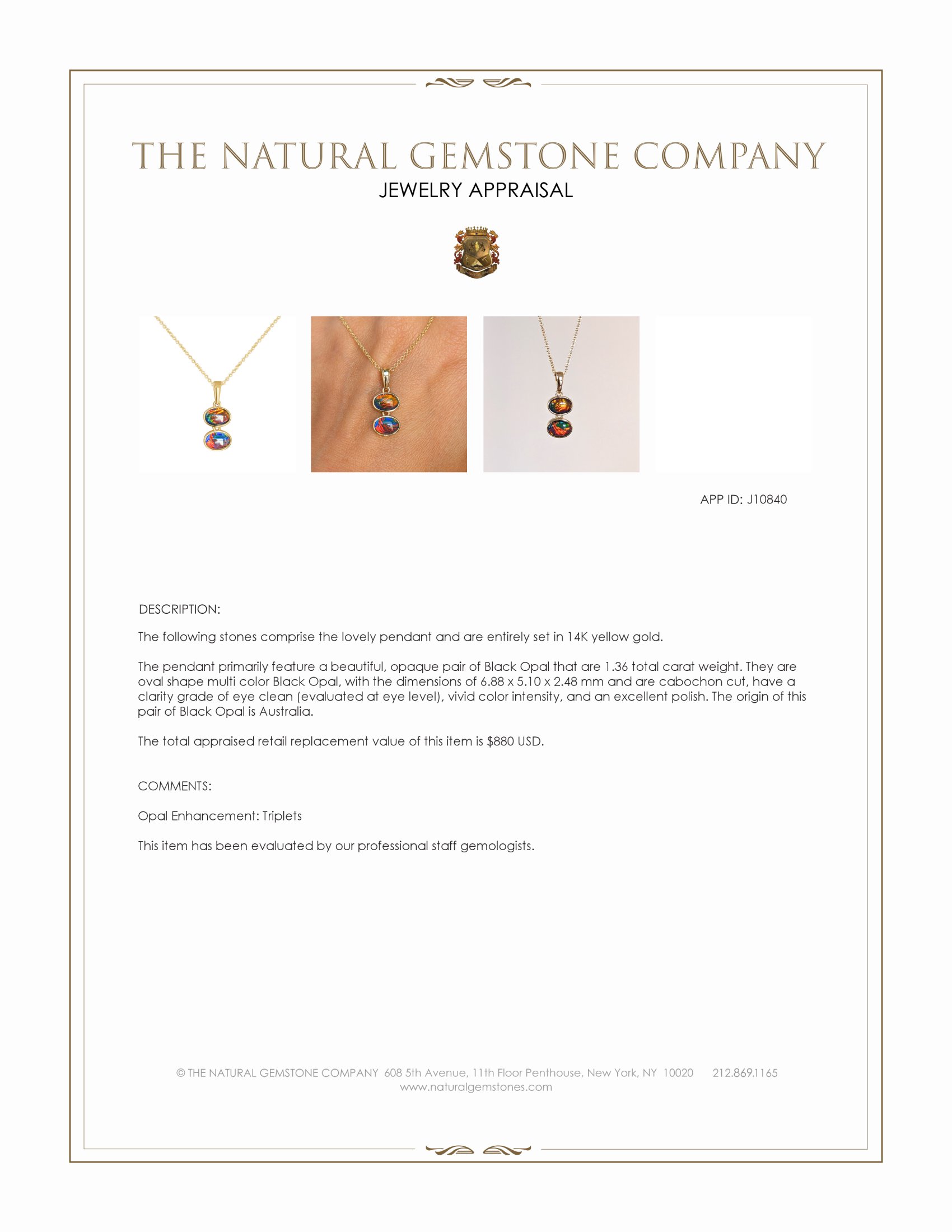 1.36 Ct. Multi Color Opal Bezel Pendant, 14K Yellow Gold