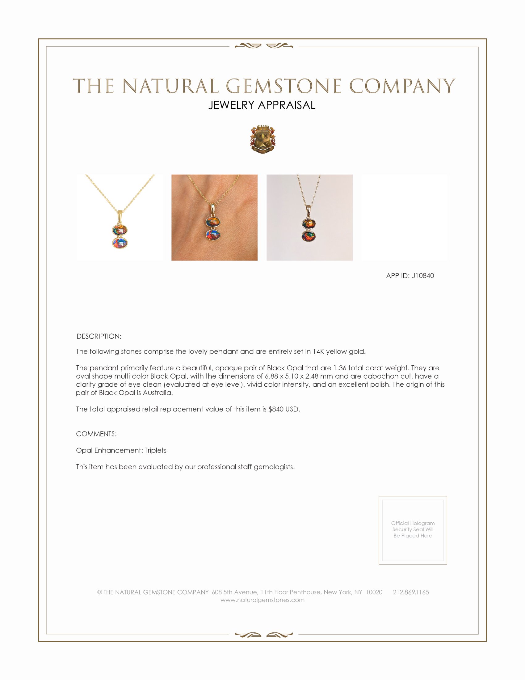 1.36 Ct. Opal Bezel Pendant, 14K Yellow Gold