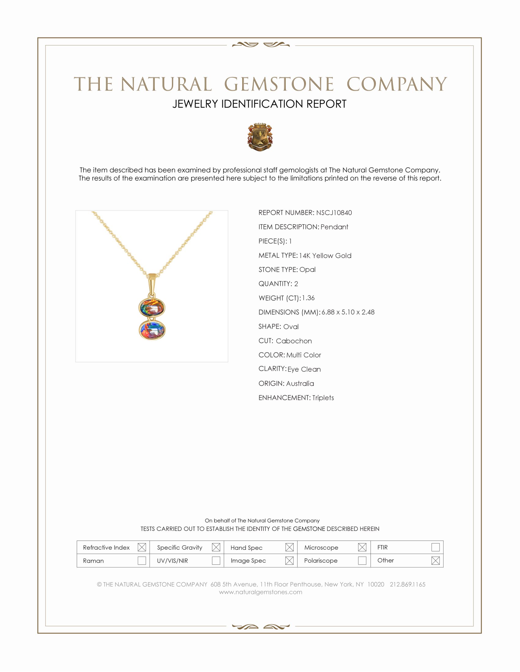 1.36 Ct. Multi Color Opal Bezel Pendant, 14K Yellow Gold