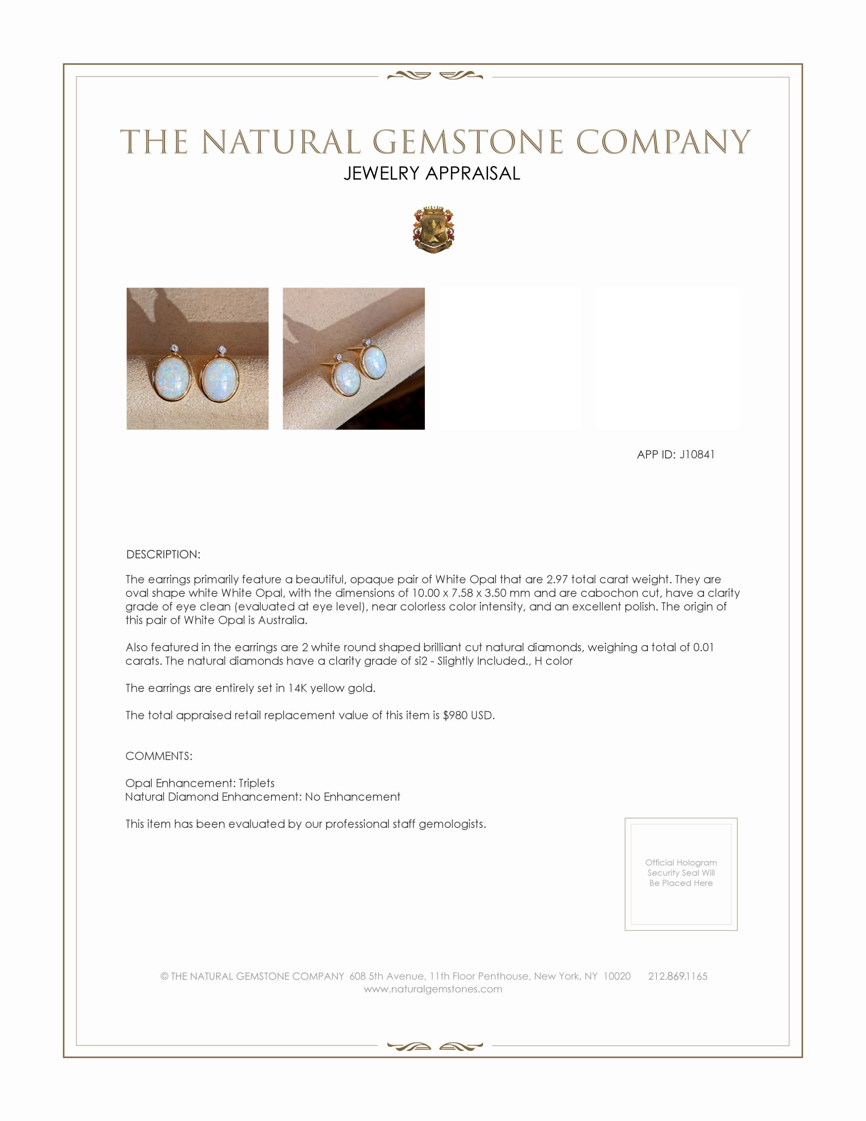 2.97 Ct.Tw. Opal Natural Diamond Bezel Earrings, 14K Yellow Gold