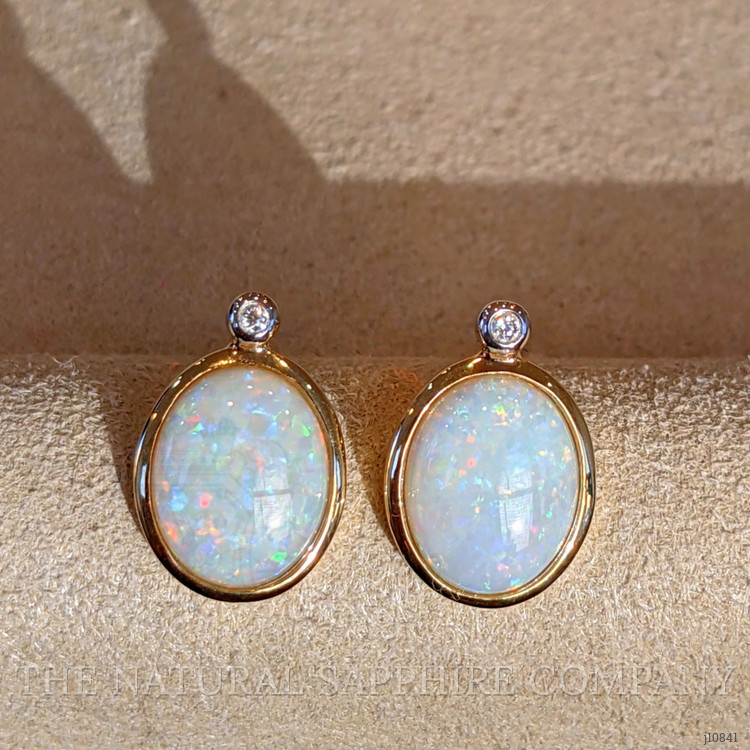 2.97 Ct.Tw. Opal Natural Diamond Bezel Earrings, 14K Yellow Gold
