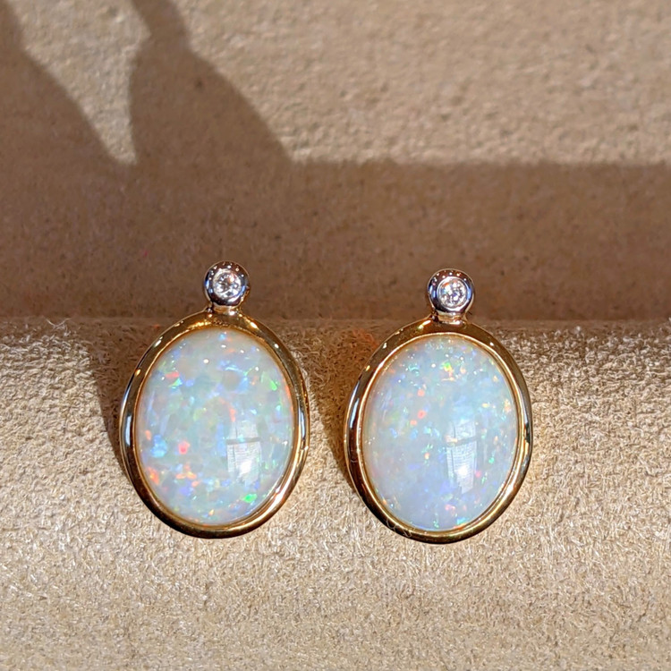 2.97 Ct.Tw. Opal Natural Diamond Bezel Earrings, 14K Yellow Gold