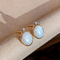 2.97 Ct.Tw. Opal Natural Diamond Bezel Earrings, 14K Yellow Gold Image