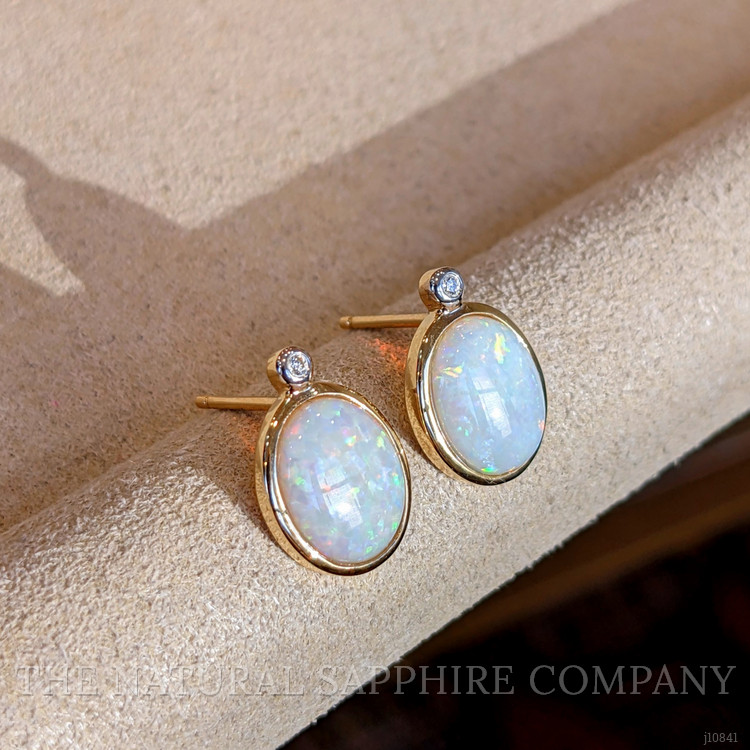 2.97 Ct.Tw. Opal Natural Diamond Bezel Earrings, 14K Yellow Gold