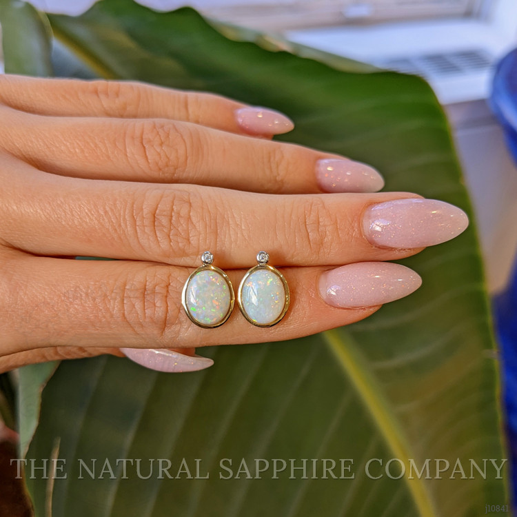 2.97 Ct.Tw. Opal Natural Diamond Bezel Earrings, 14K Yellow Gold