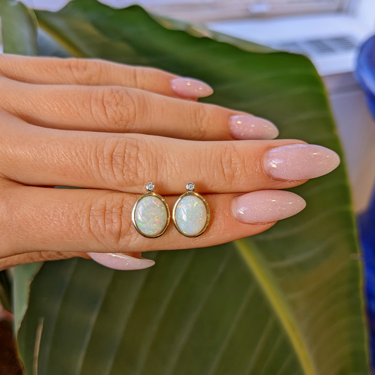 2.97 Ct.Tw. Opal Natural Diamond Bezel Earrings, 14K Yellow Gold