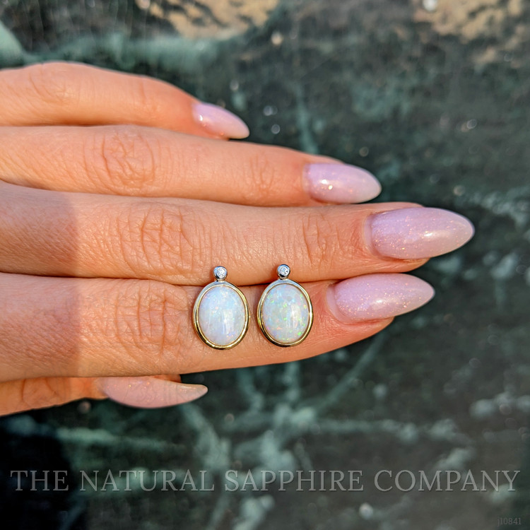 2.97 Ct.Tw. Opal Natural Diamond Bezel Earrings, 14K Yellow Gold