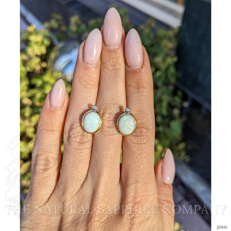 2.97 Ct.Tw. Opal Natural Diamond Bezel Earrings, 14K Yellow Gold