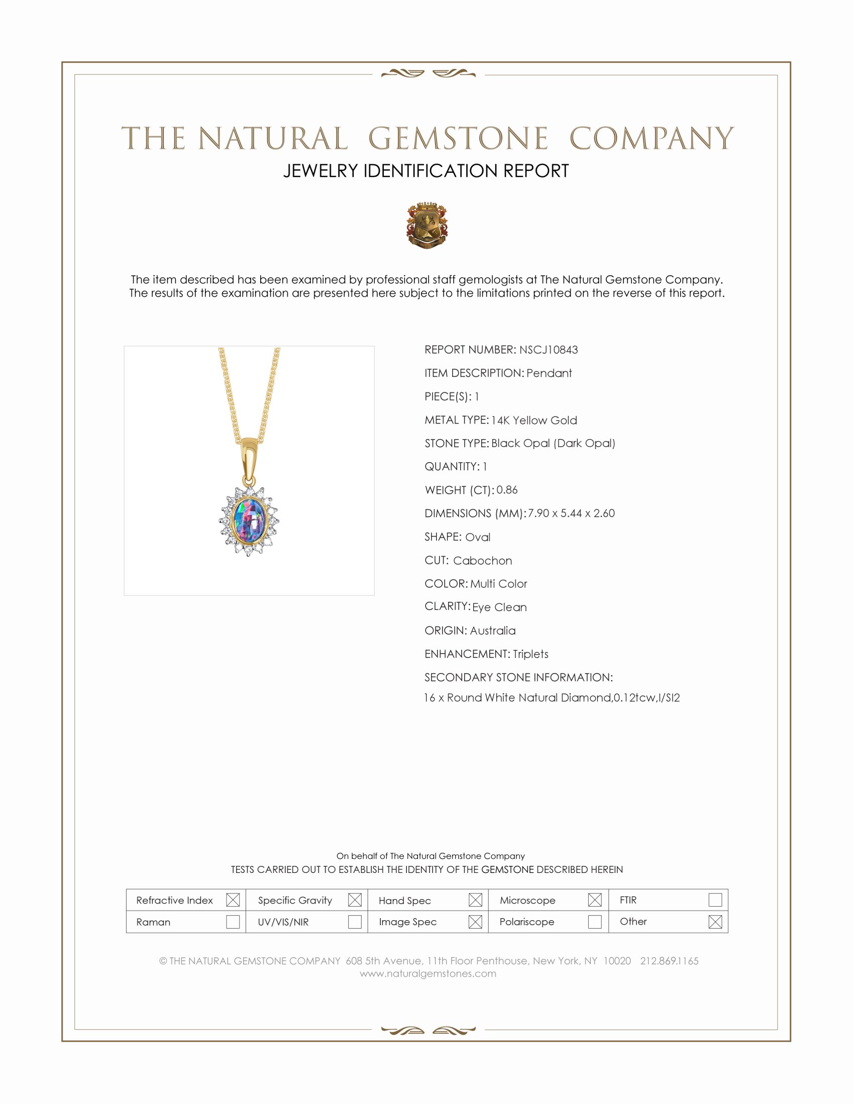 0.86 Ct. Multi Color Black Opal (Dark Opal) and Natural Diamond Halo Pendant, 14K Yellow Gold