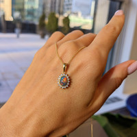 0.86 Ct. Opal Natural Diamond Halo Pendant, 14K Yellow Gold Image