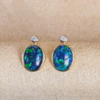 1.72 Ct.Tw. Opal Natural Diamond Studs Earrings, 14K Yellow Gold Image