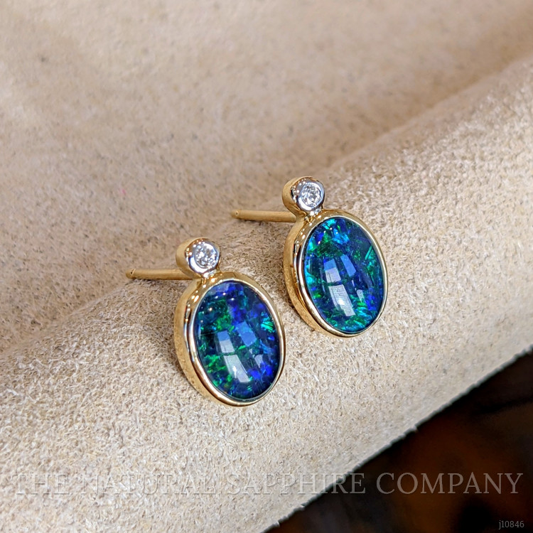 1.72 Ct.Tw. Opal Natural Diamond Studs Earrings, 14K Yellow Gold