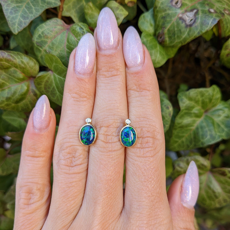 1.72 Ct.Tw. Opal Natural Diamond Studs Earrings, 14K Yellow Gold