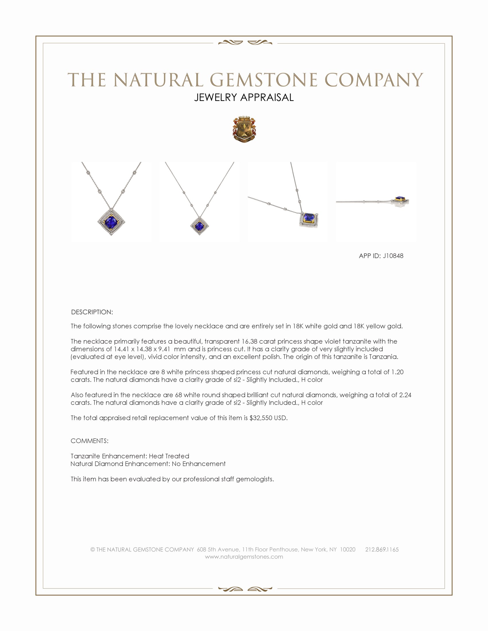 16.38 Ct. Violet Tanzanite and Natural Diamond Pave Necklace, 18K White & Yellow