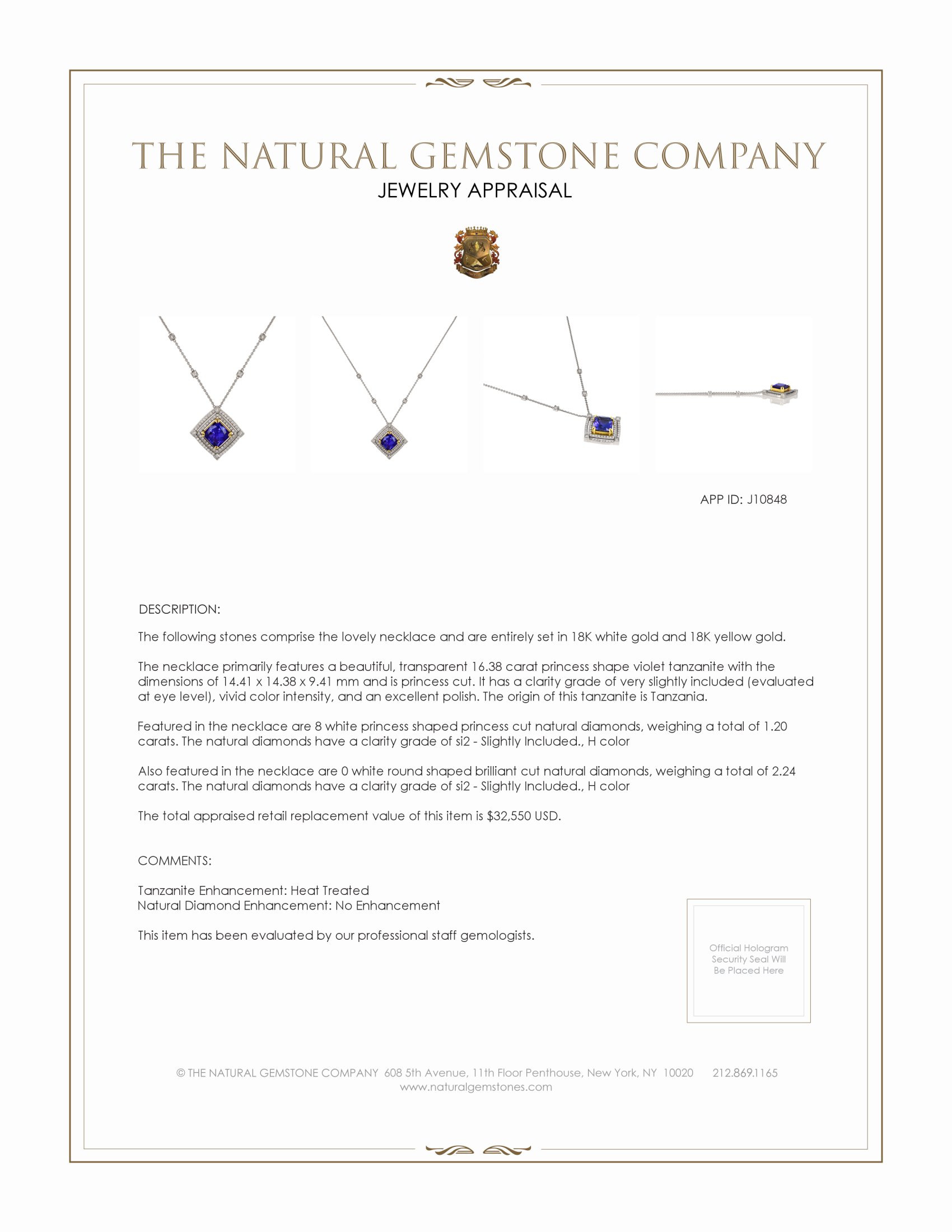 16.38 Ct. Tanzanite Natural Diamond Pave Necklace, 18K White & Yellow