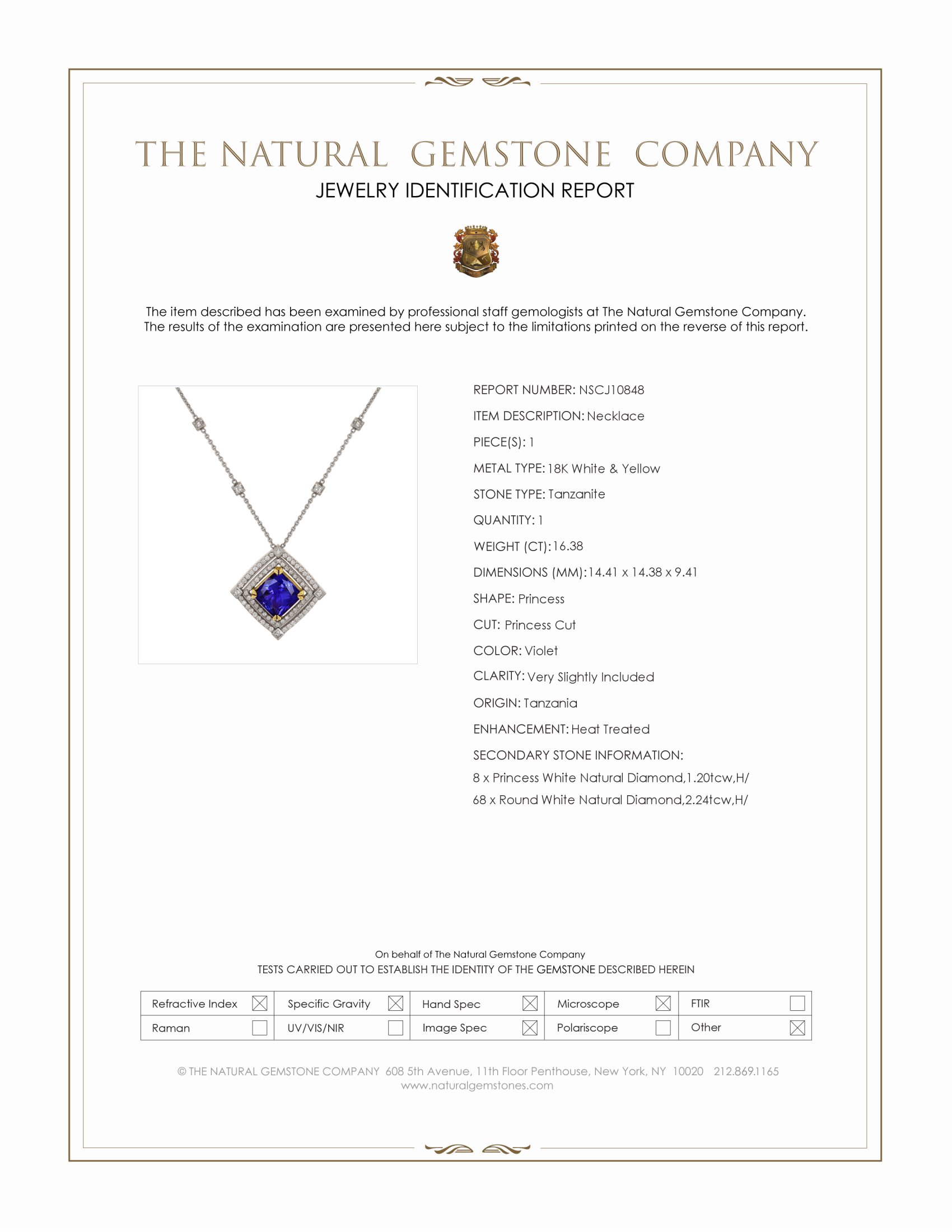 16.38 Ct. Violet Tanzanite and Natural Diamond Pave Necklace, 18K White & Yellow