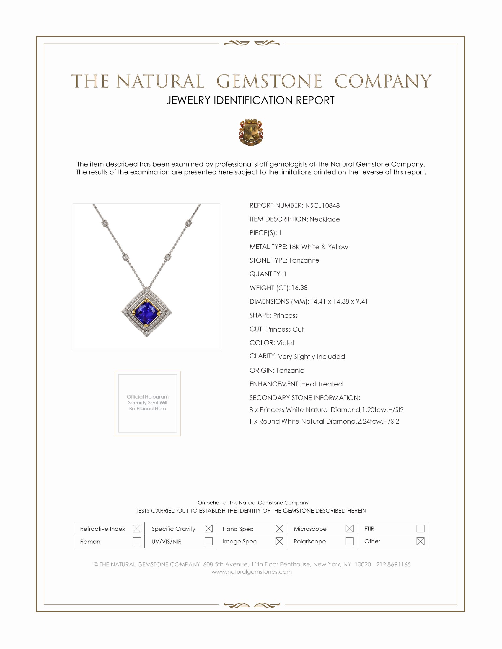16.38 Ct. Tanzanite Natural Diamond Pave Necklace, 18K White & Yellow