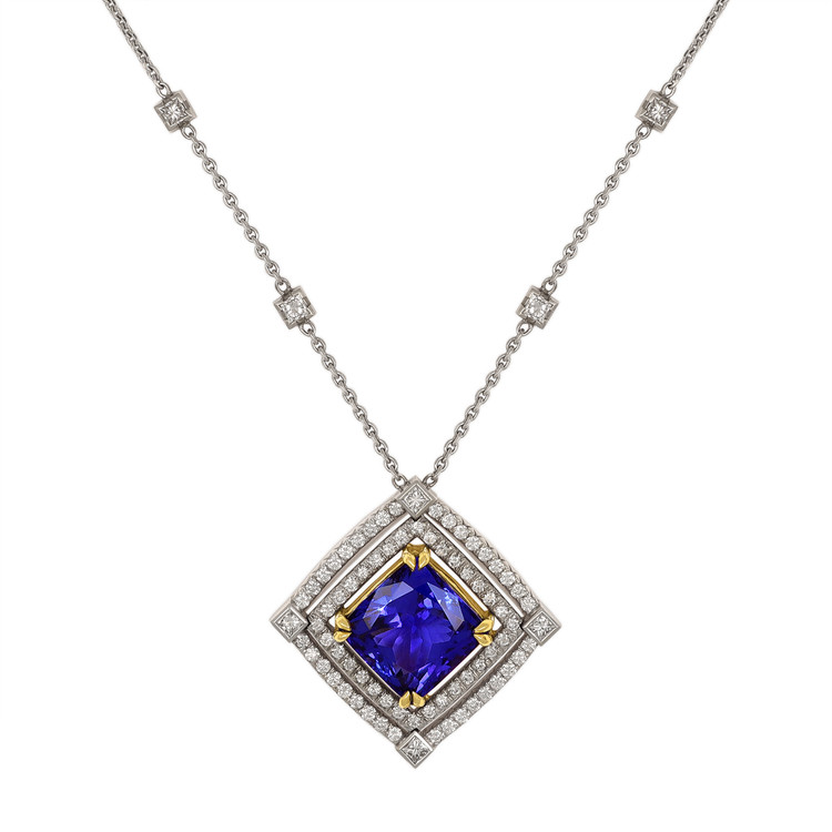 16.38 Ct. Tanzanite Natural Diamond Pave Necklace, 18K White & Yellow