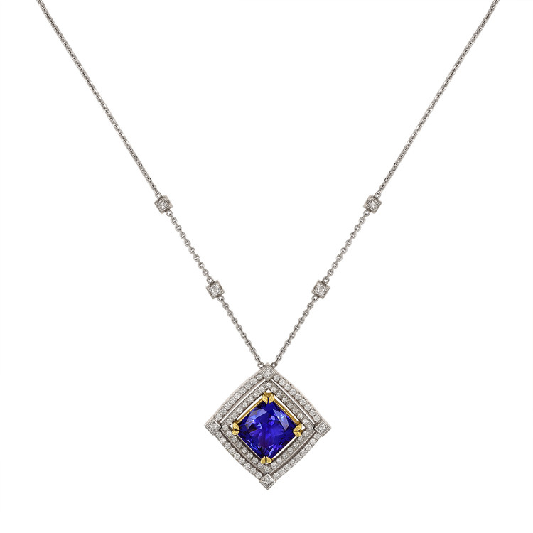 16.38 Ct. Tanzanite Natural Diamond Pave Necklace, 18K White & Yellow