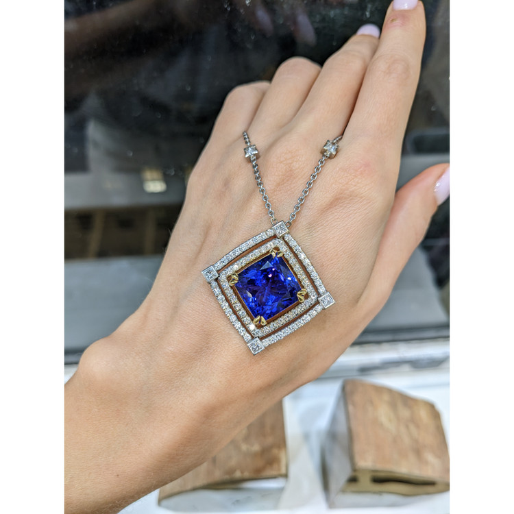 16.38 Ct. Tanzanite Natural Diamond Pave Necklace, 18K White & Yellow