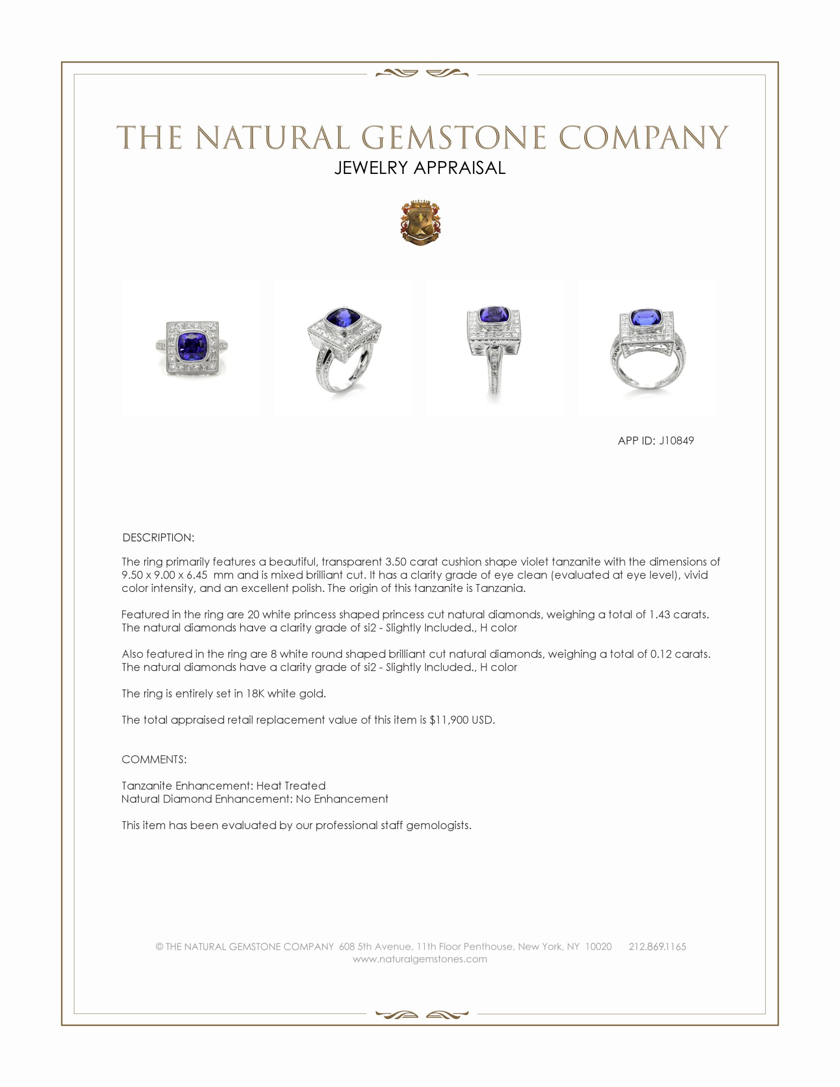 3.50 Ct. Violet Tanzanite and Natural Diamond Antique Style Ring, 18K White Gold