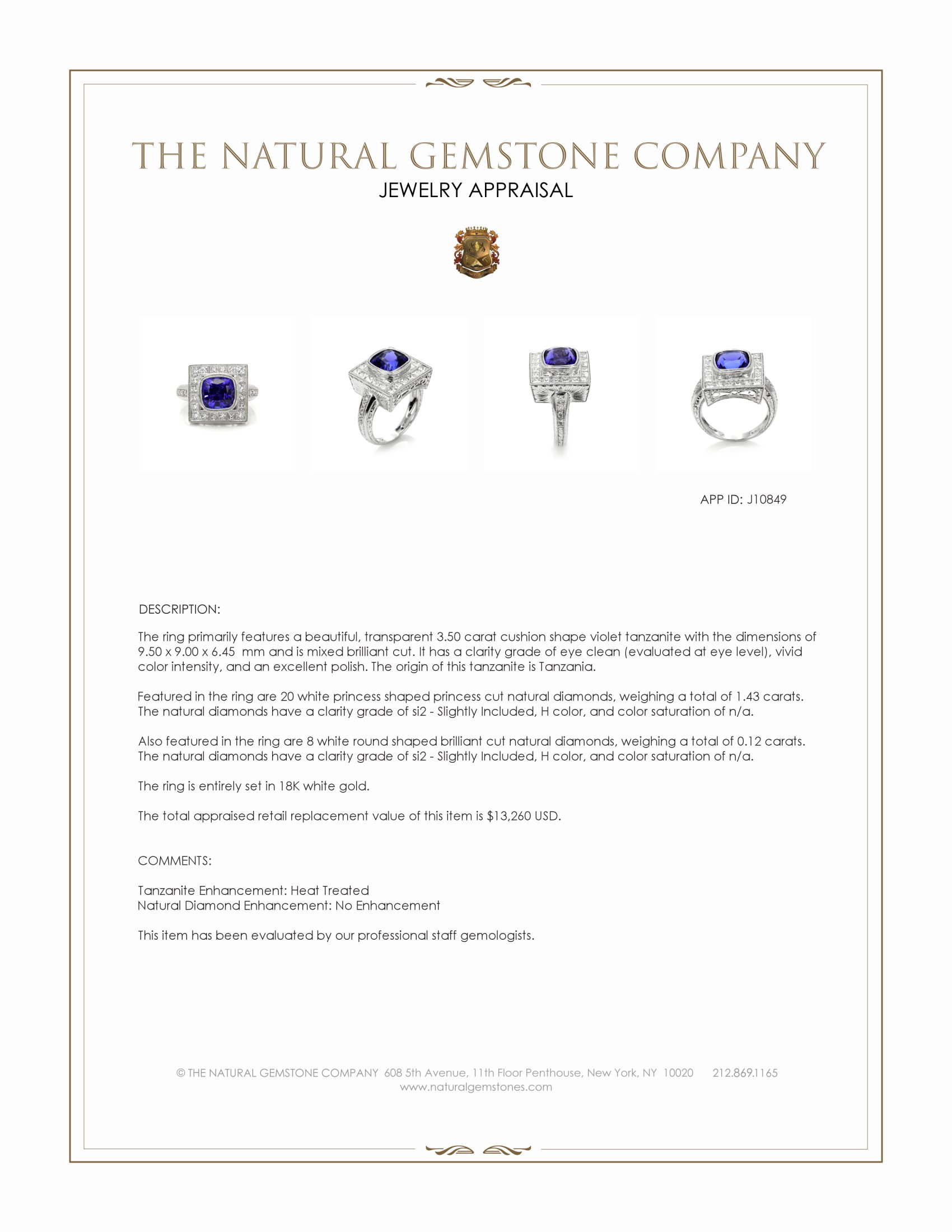3.50 Ct. Violet Tanzanite and Natural Diamond Antique Style Ring, 18K White Gold