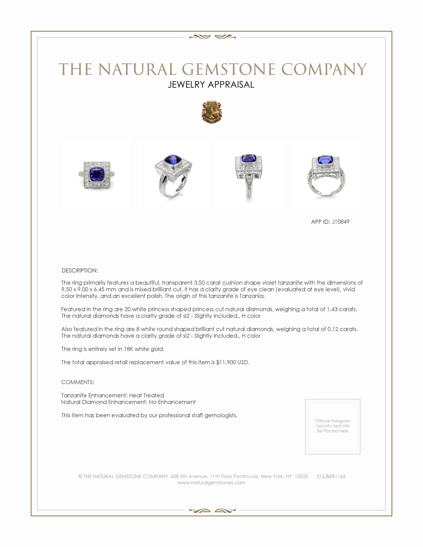 3.50 Ct. Tanzanite Natural Diamond Antique Style Ring, 18K White Gold