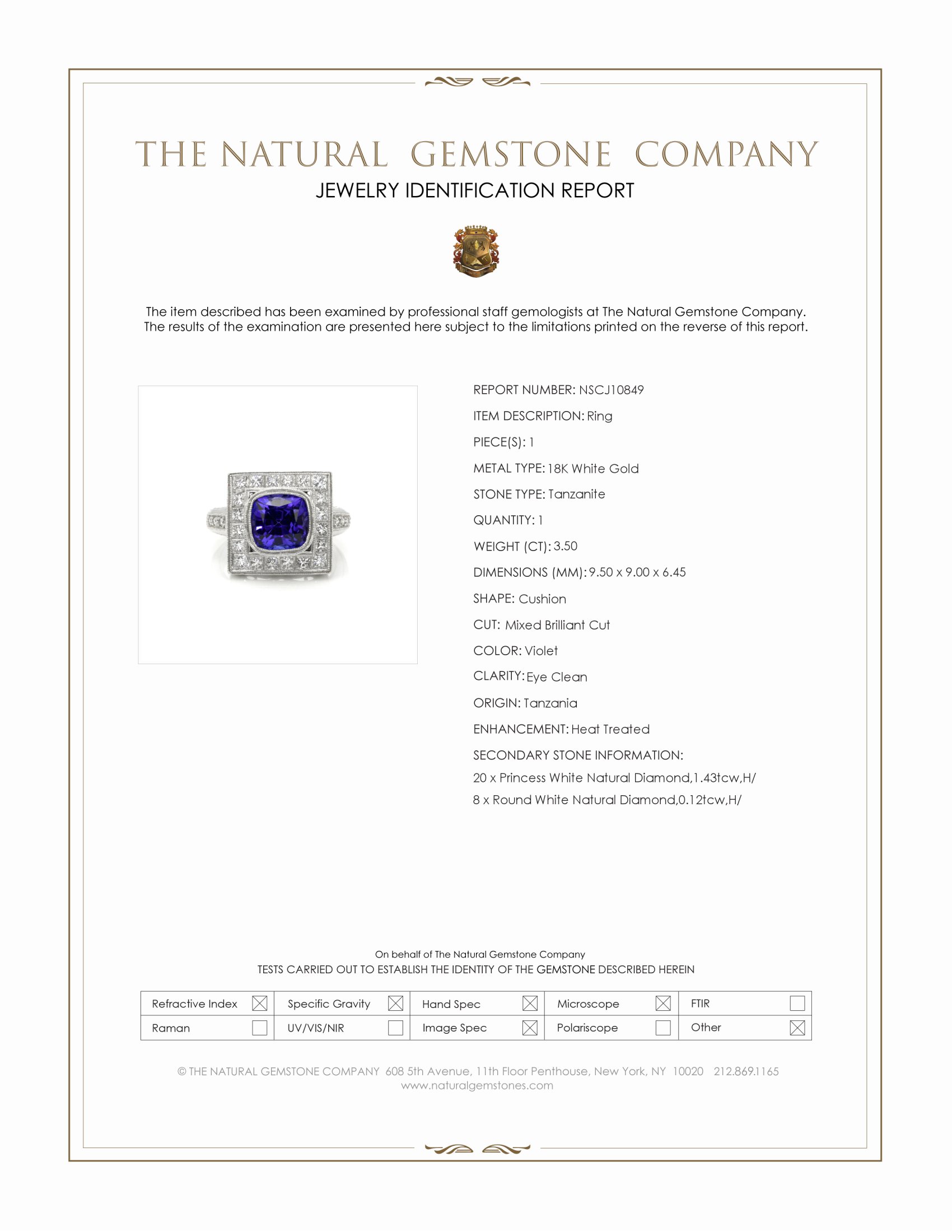 3.50 Ct. Violet Tanzanite and Natural Diamond Antique Style Ring, 18K White Gold