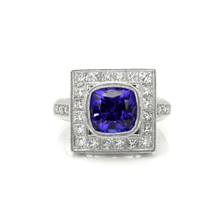 3.50 Ct. Tanzanite Natural Diamond Antique Style Ring, 18K White Gold