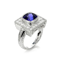 3.50 Ct. Tanzanite Natural Diamond Antique Style Ring, 18K White Gold Image